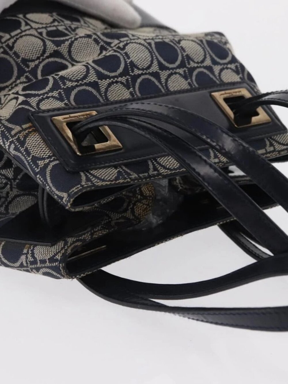 Salvatore Ferragamo Gancini Shoulder Bag Canvas Navy Gold Auth BA10109 - Picture 7 of 16